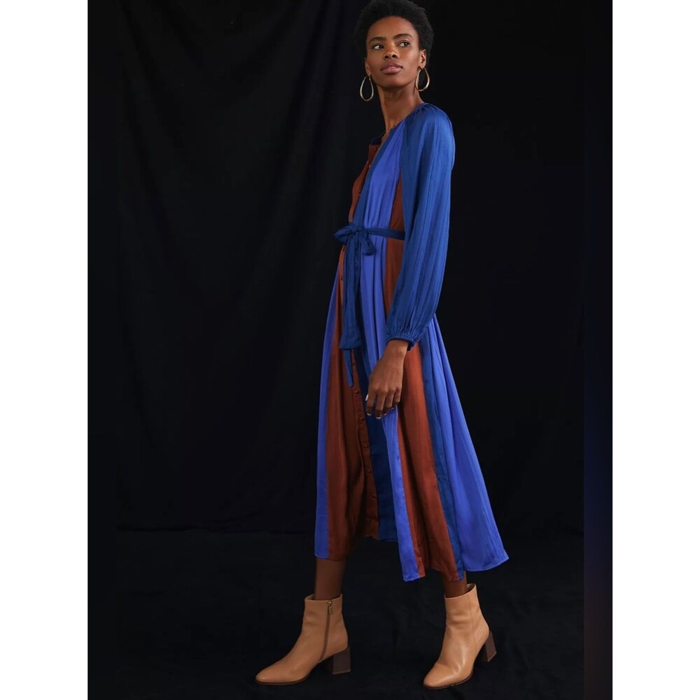 Anthropologie Maeve Colorblock Satin Long Sleeve Midi Dress